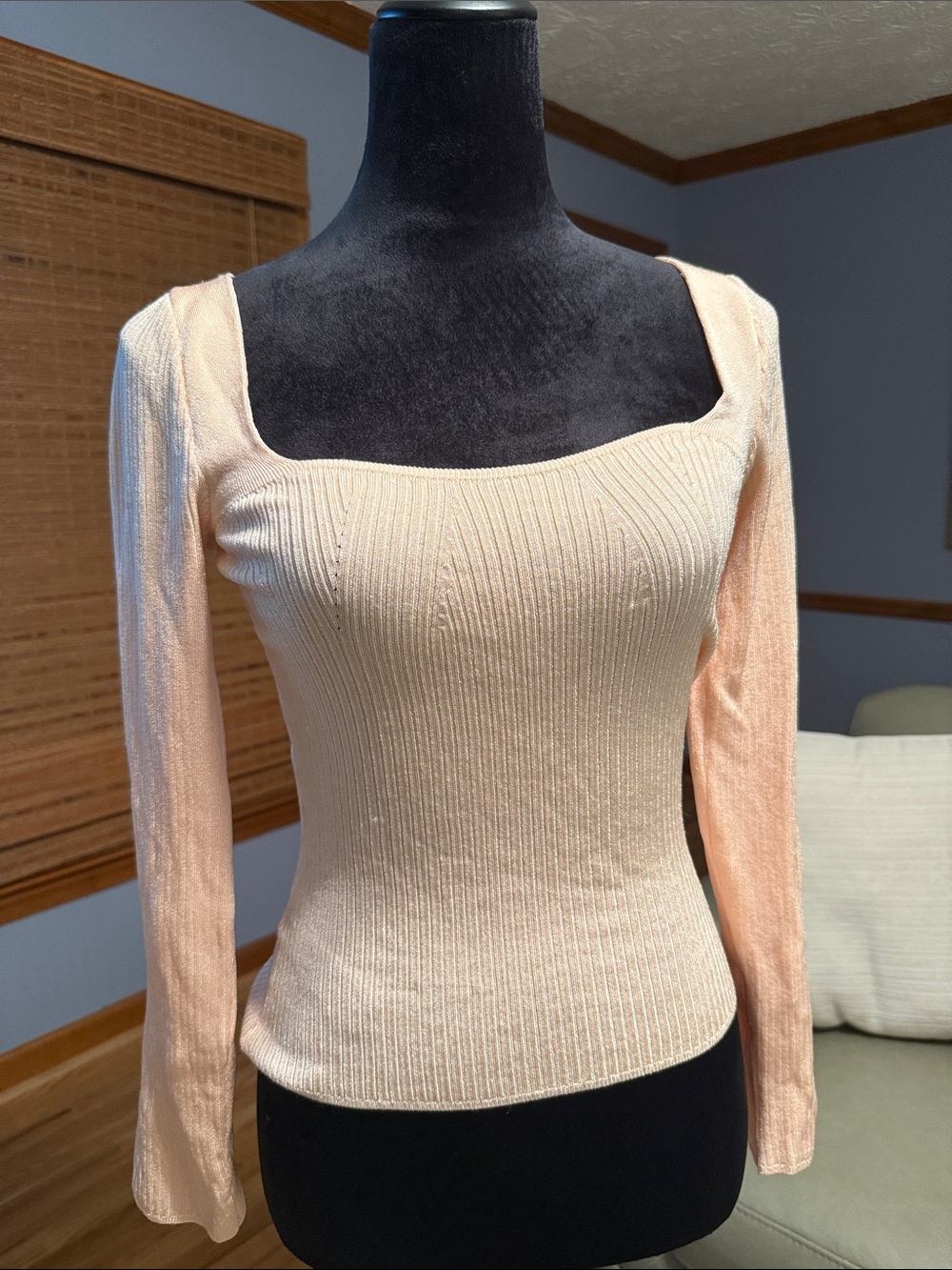 Topshop Peach Ribbed Square Neck Long Sleeve Top